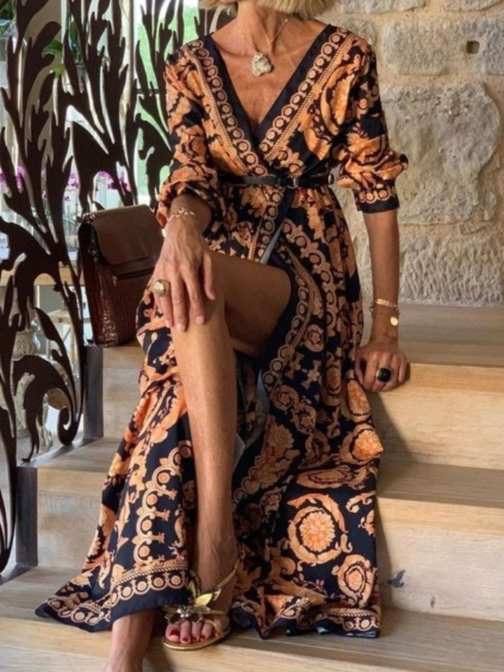 Black & Orange Printed Faux Wrap Maxi Dress with Belt